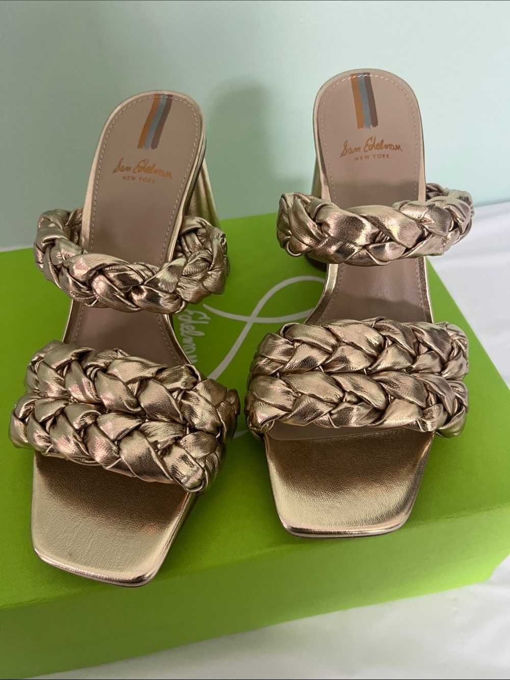 Sam Edelman Braided Metallic Gold Block Heel Sandals BRAND NEW IN BOX